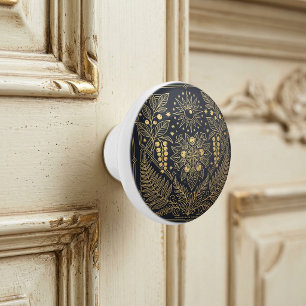 Bouton De Porte En Céramique Illustration botanique céleste en or Art nouveau 