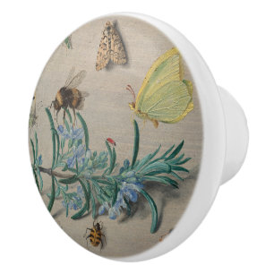 Bouton De Porte En Céramique Illustration botanique vintage et abeille