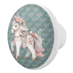 Bouton De Porte En Céramique Illustration de cheval de fantaisie au pastel flor