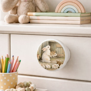 Bouton De Porte En Céramique Illustration de jardin de lapin vintage Cottagec