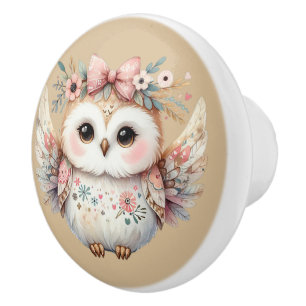 Bouton De Porte En Céramique Illustration de la chouette de kawaii Boho