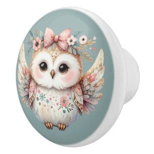 Bouton De Porte En Céramique Illustration de la chouette de kawaii Boho