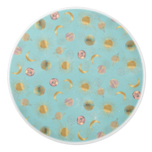 Bouton De Porte En Céramique Illustration Gold Sun Moon Planètes Space Blue