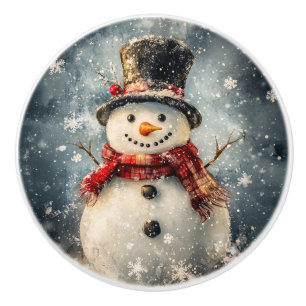 Bouton De Porte En Céramique Illustration Rustique Snowman Noël