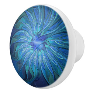 Bouton De Porte En Céramique Imaginaire Fleur Bleue Motif, Art Fractal Abstrait