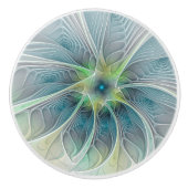 Bouton De Porte En Céramique Imaginaire fleuri Moderne Bleu Vert Fractal Fleur (Devant)