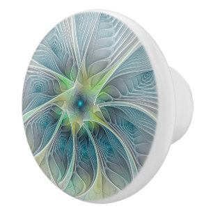 Bouton De Porte En Céramique Imaginaire fleuri Moderne Bleu Vert Fractal Fleur