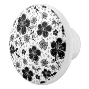 Bouton De Porte En Céramique Impression florale noire et blanche