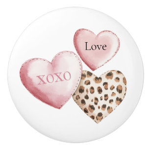 Bouton De Porte En Céramique Imprimé animal léopard crème coeurs roses  