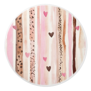 Bouton De Porte En Céramique Imprimé animalier léopard crème coeurs roses  