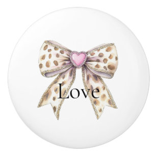 Bouton De Porte En Céramique Imprimé animalier léopard crème rose bow cœur