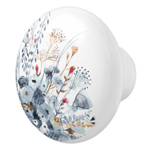 Bouton De Porte En Céramique Indigo et ocre - fleurs d'aquarelle