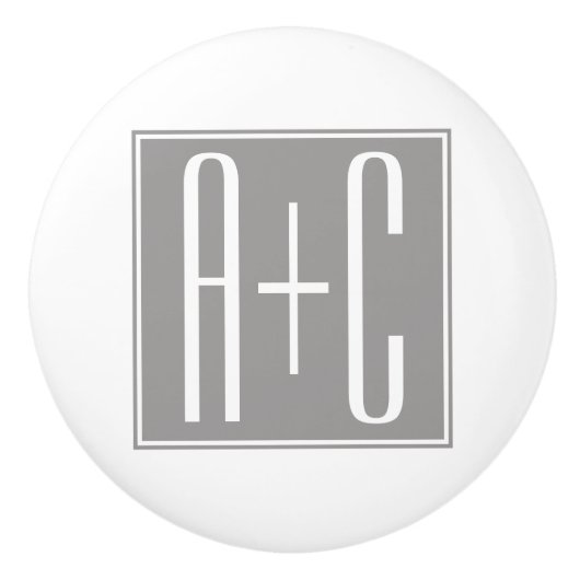 Bouton De Porte En Céramique Initiales de couple modifiables | Blanc et gris (Devant)