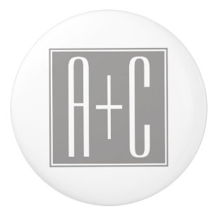 Bouton De Porte En Céramique Initiales de couples modifiables Blanc & Gris