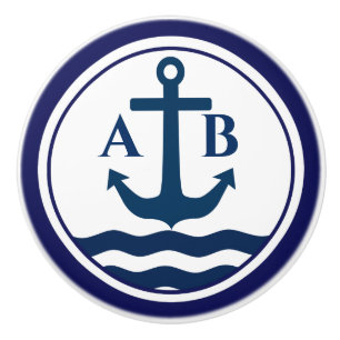 Bouton De Porte En Céramique Initiales Nautiques Ancre Élégantes Personnalisées
