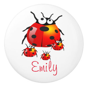 Bouton De Porte En Céramique insecte de dame avec des coccinelles de bébé