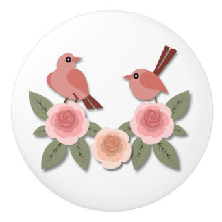 Bouton De Porte En Céramique Inséparables roses mignons et Roses floraux