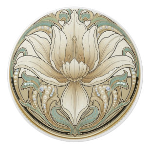 Bouton De Porte En Céramique Iris Lily Sage Vert Crème Or Art Déco Nouveau