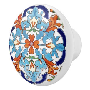 Bouton De Porte En Céramique Iznik Floral turc Orange Rouge Bleu Fleur