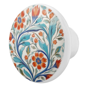 Bouton De Porte En Céramique Iznik Turc Floral Vert Bleu Orange Rouge Fleurs