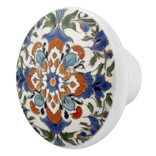Bouton De Porte En Céramique Iznik Turc Vintage Orange Bleu Vert Abstrait