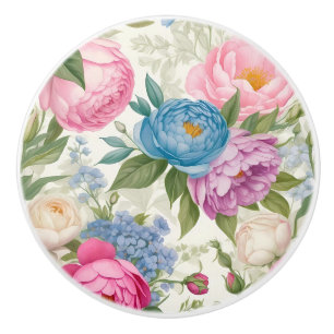 Bouton De Porte En Céramique Jardin de Campagne Roses et Pivoines Florales