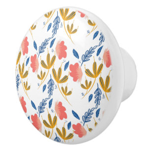 Bouton De Porte En Céramique Jardin d'été Bleu Jaune Corail Florales