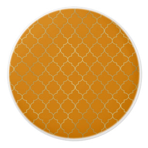 Bouton De Porte En Céramique Jaune Curcuma & Or Motif Quatrefoil