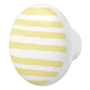 Bouton De Porte En Céramique Jaune pastel rayures aquarelle blanches