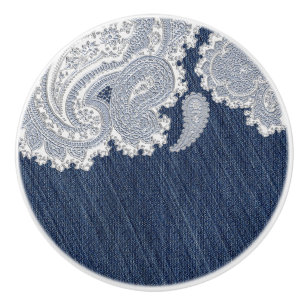 Bouton De Porte En Céramique Jean en denim et dentelle blanche Élégant ouest co