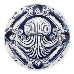 Bouton De Porte En Céramique Jellfish Blue and White Sea Life Beach House