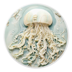 Bouton De Porte En Céramique Jellyfish Art Nouveau Faux Relief Crème Blanc
