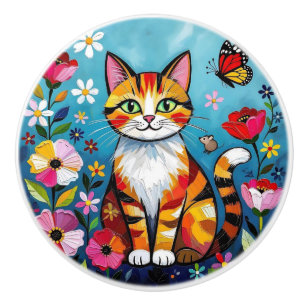 Bouton De Porte En Céramique Joli Art Populaire Coloré Chat et Fleurs