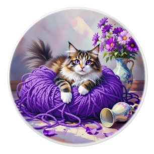 Bouton De Porte En Céramique Joli chat avec des fleurs violettes et du fil