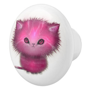 Bouton De Porte En Céramique Joli Chat Chaton Rose Fluffy