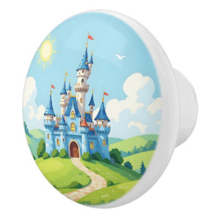 Bouton De Porte En Céramique Joli château bleu et blanc