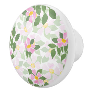 Bouton De Porte En Céramique Joli chien rose Roses sur Motif blanc