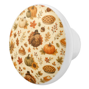 Bouton De Porte En Céramique Joli motif aquarelle de Thanksgiving avec des dind