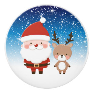 Bouton De Porte En Céramique Joli Noël Père Noël & Reindeer