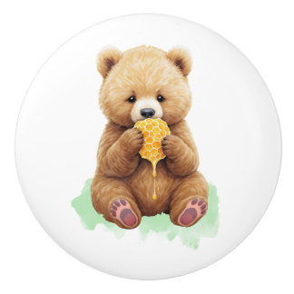 Bouton De Porte En Céramique Joli ours en peluche bébé mangeant du miel