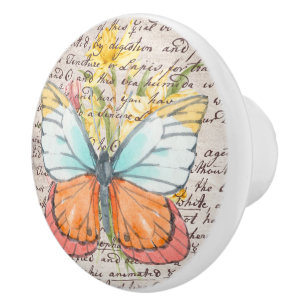 Bouton De Porte En Céramique Joli papillon aquarelle coloré avec texte