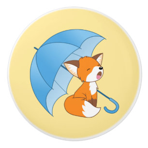 Bouton De Porte En Céramique Joli Petit Renard dormant sous parapluie sur Jaune