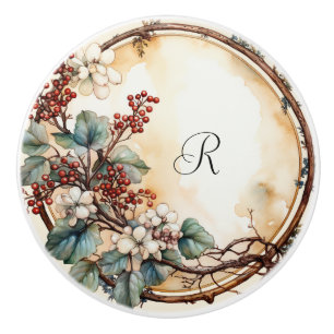 Bouton De Porte En Céramique Jolie courge Twig Fleurs blanches Berries rouges