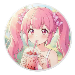 Bouton De Porte En Céramique Jolie fille d'anime en rose buvant du thé à bulles