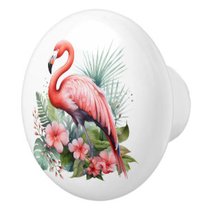 Bouton De Porte En Céramique Jolie maison de plage rose flamingo