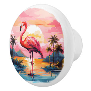Bouton De Porte En Céramique Jolie maison de plage rose flamingo