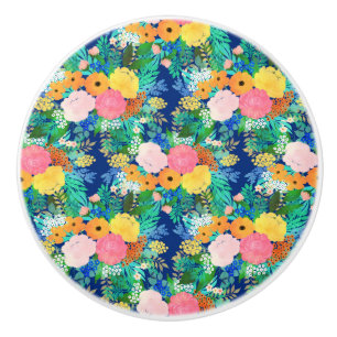 Bouton De Porte En Céramique Jolie peinture bleu classique aux fleurs roses et 