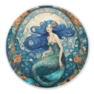 Bouton De Porte En Céramique Jolie sirène Art Nouveau Art Déco Bleu