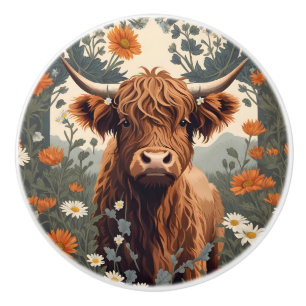 Bouton De Porte En Céramique Jolie vache Highland vintage