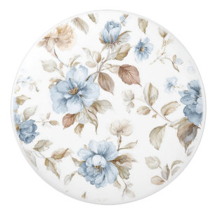 Bouton De Porte En Céramique Jolies Fleurs Bleues Crème Beige Marron